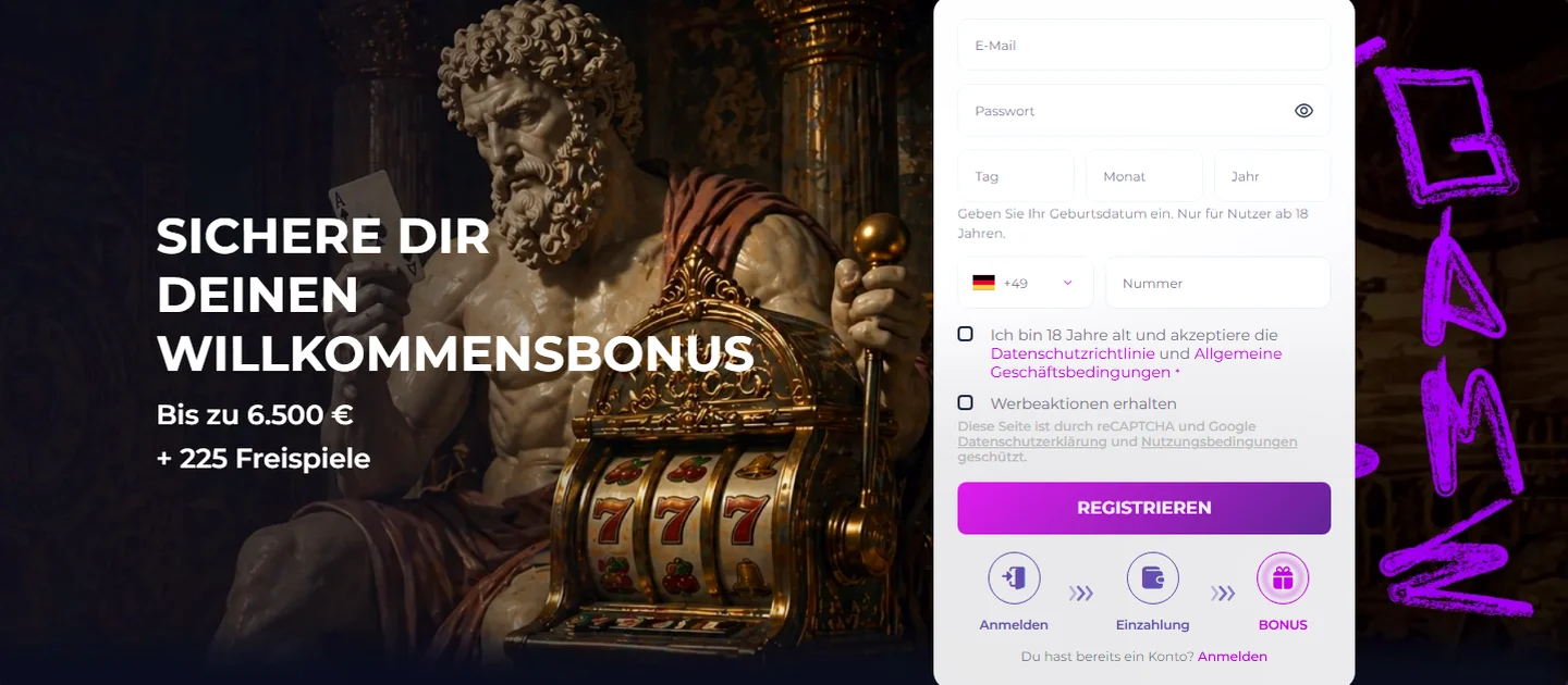 Slots Gallery — bis zu 6.500 € + 225 Freispiele über 3 Einzahlungen (High Roller: 125% bis 5.000 € + 100FS, 2. Einzahlung: 75% bis 1.000 € + 75FS, 3. Einzahlung: 50% bis 500 € + 50FS)
